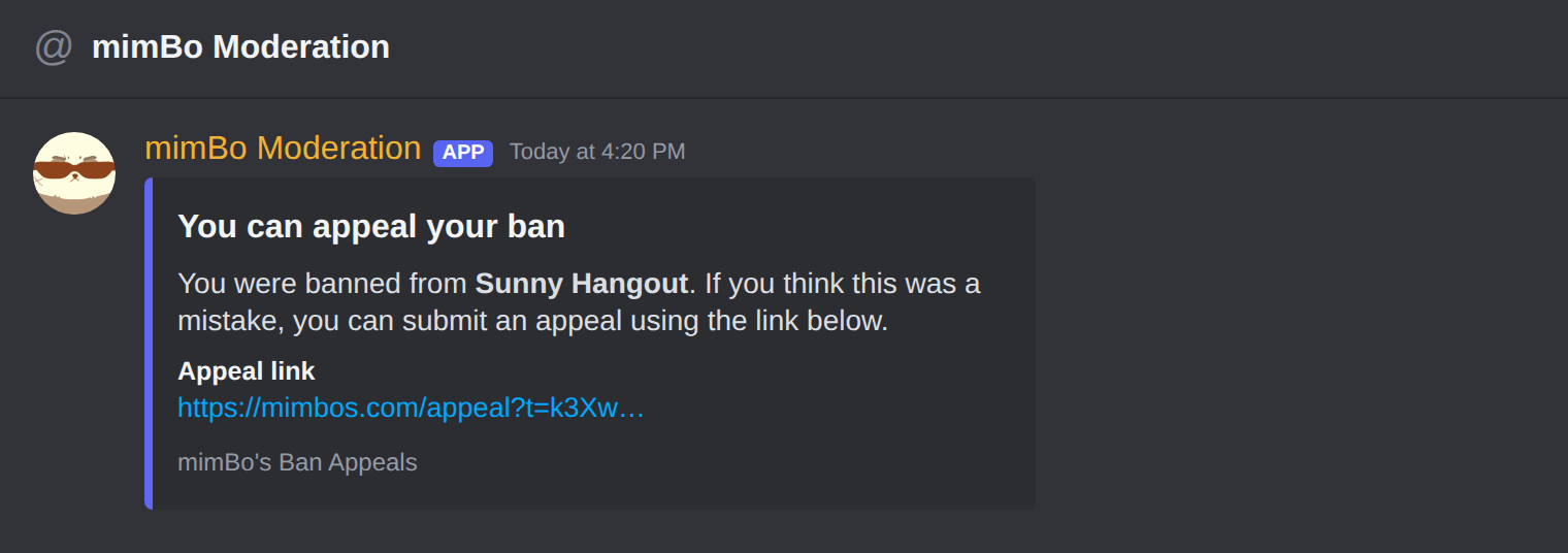 Ban appeal DM with appeal link