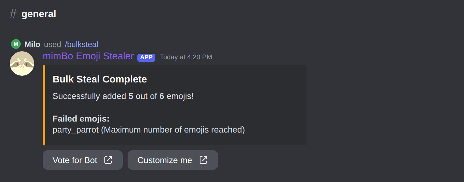 A bulk emoji import result in Discord