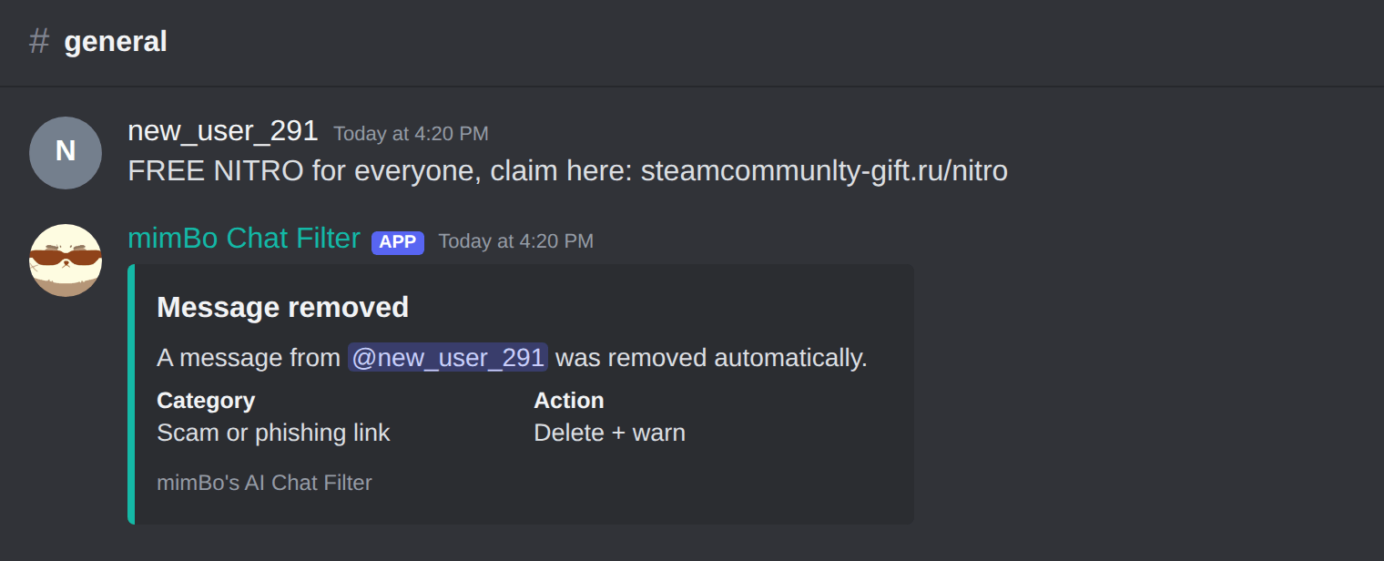 AI chat filter warning for a scam message in Discord