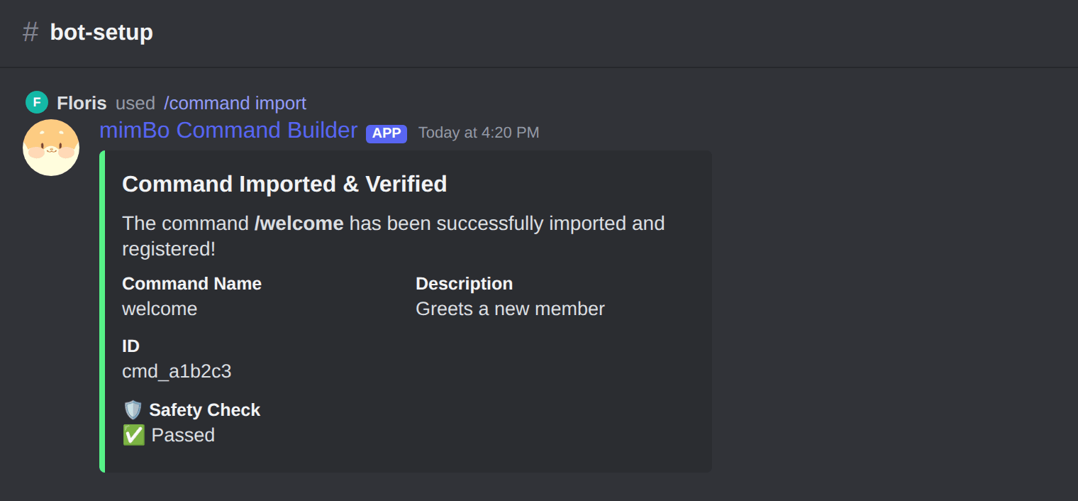 A custom command imported and verified