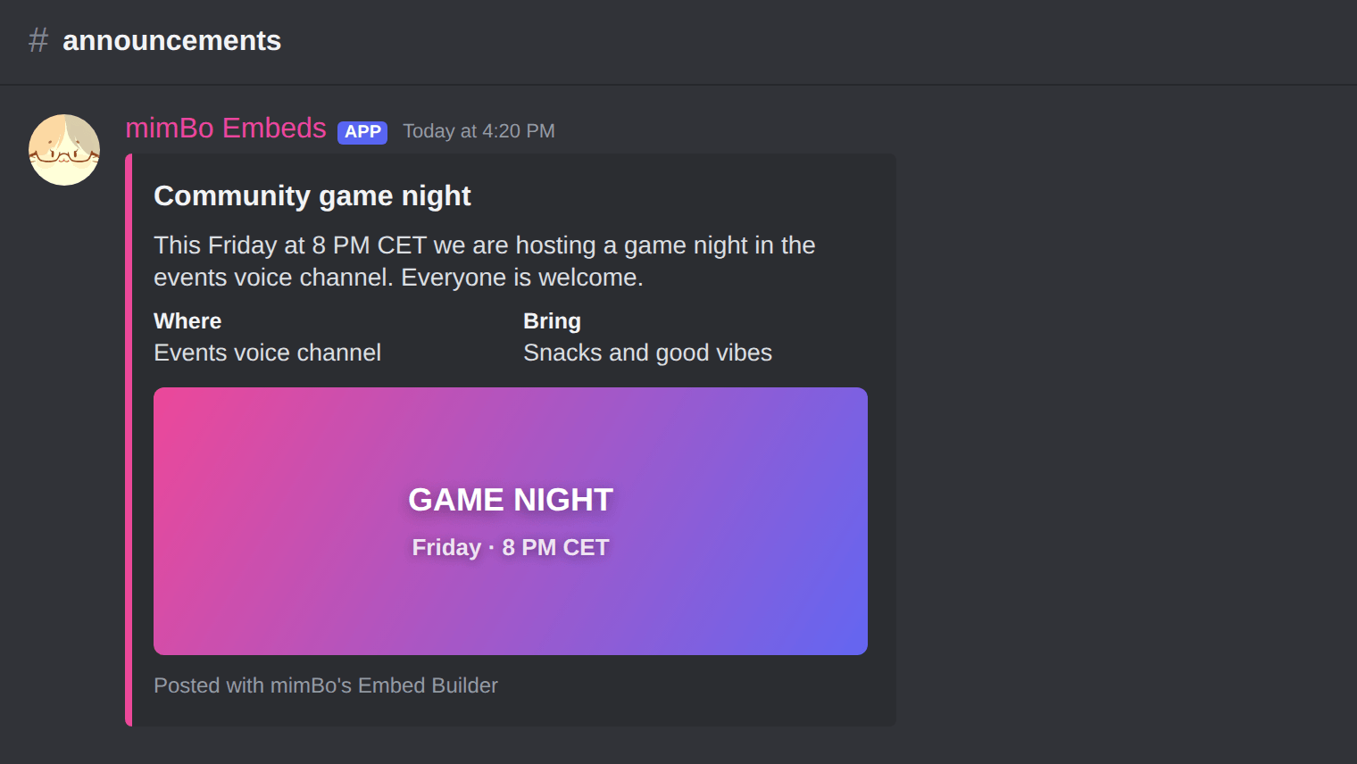 A rich embed posted to a Discord channel