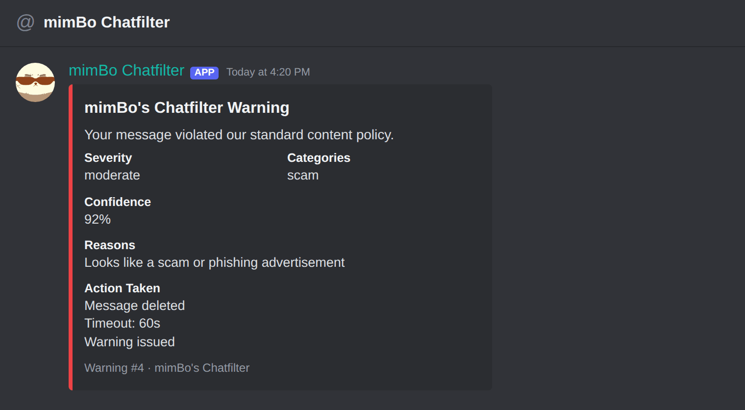 The chat filter warning DM