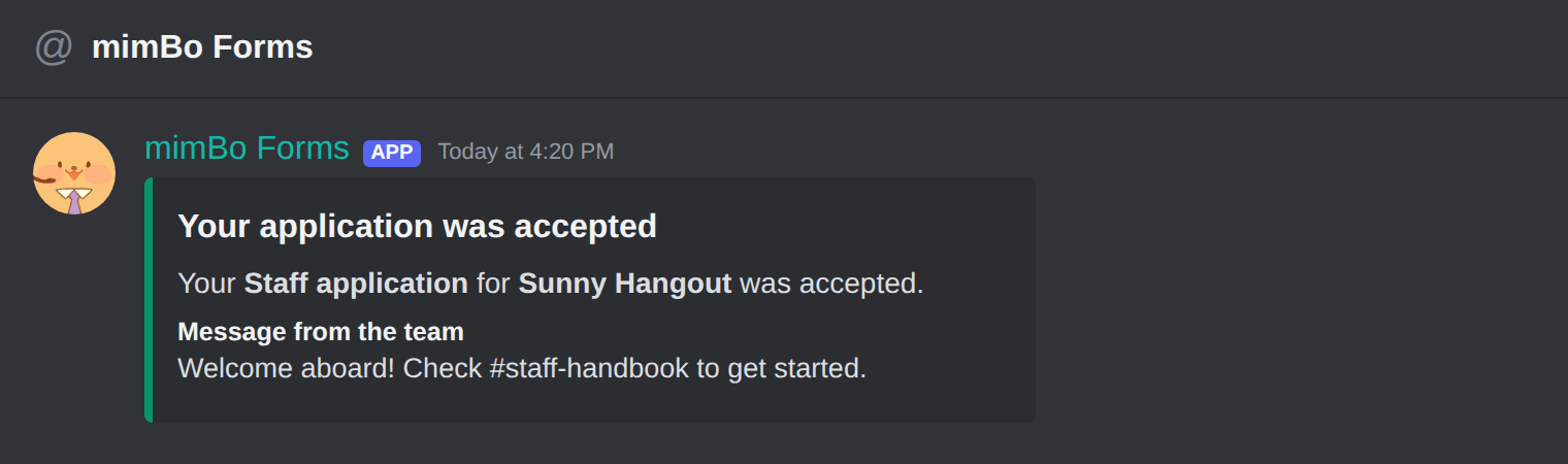 A Discord DM telling an applicant they were accepted