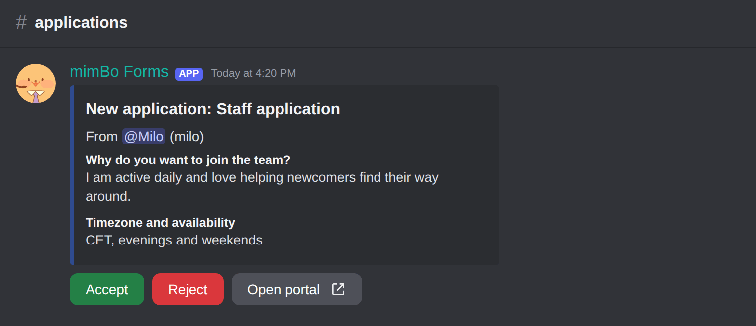 An application in the review channel with Accept and Reject buttons