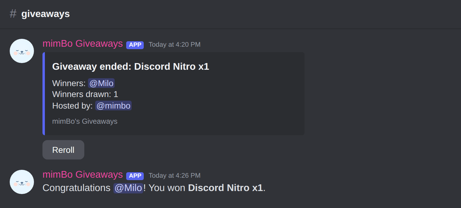 A finished Discord giveaway announcing the winner