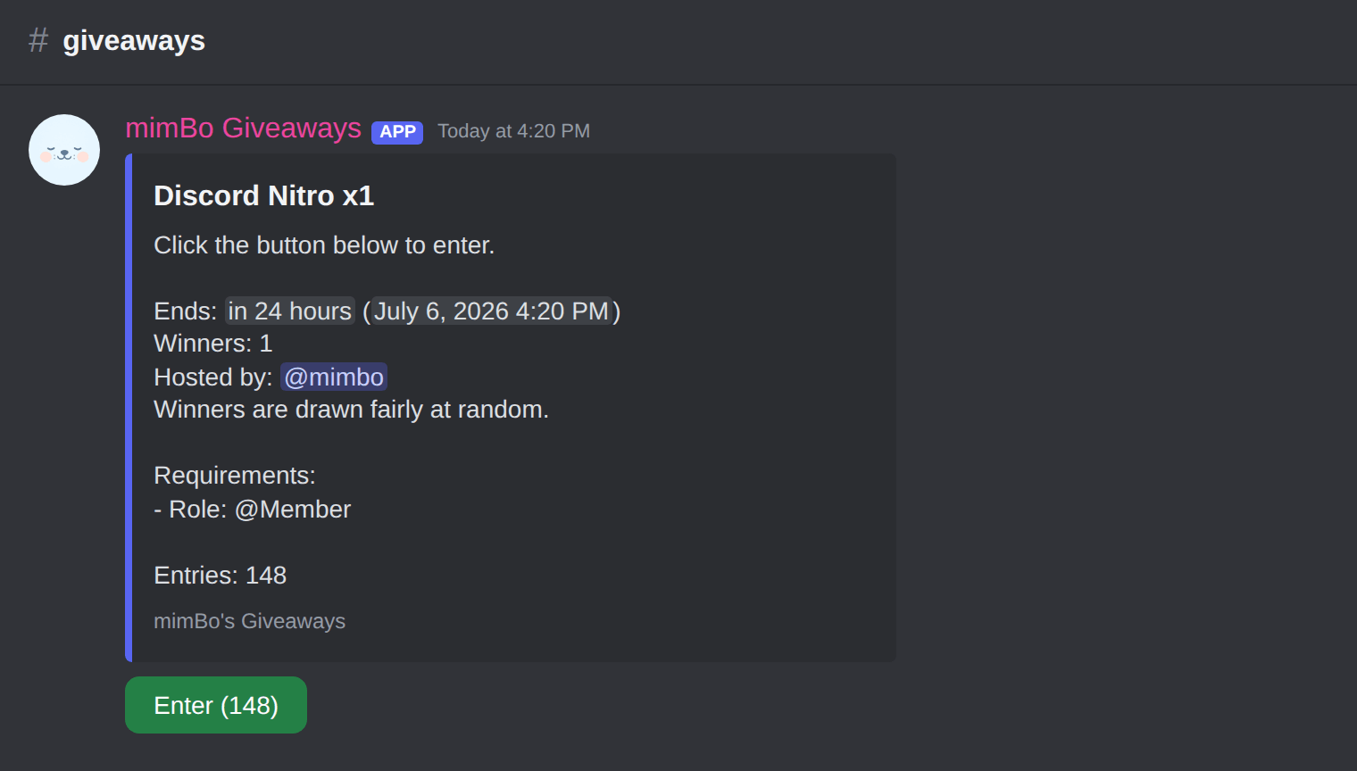 A running giveaway with entry button in Discord