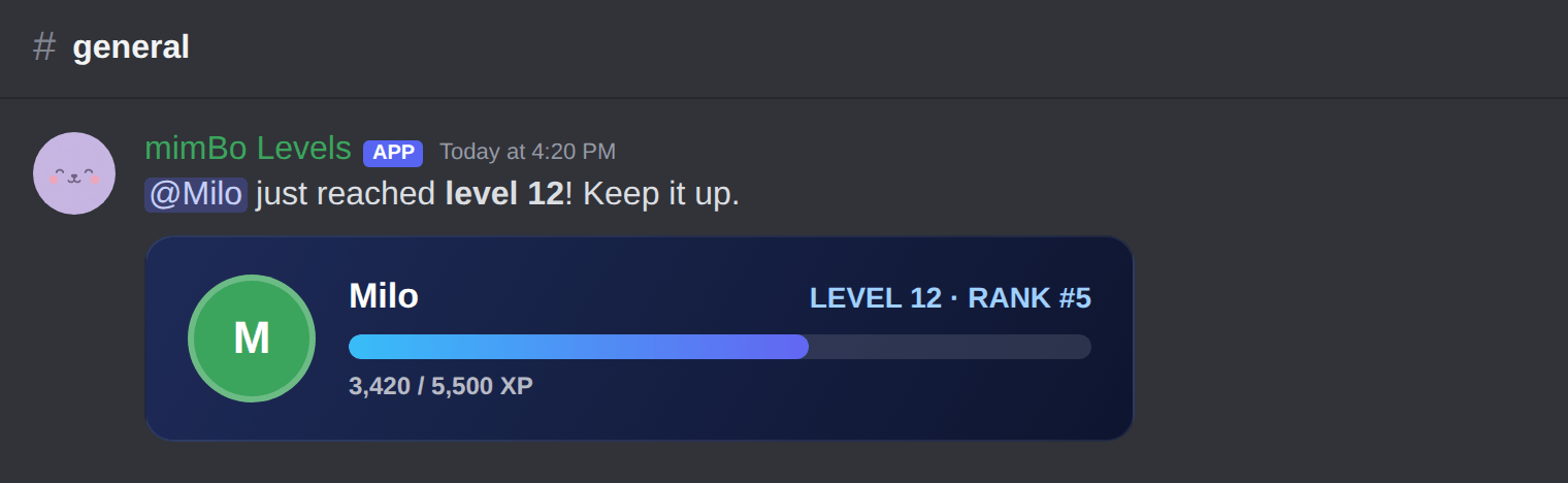 Level up message with rank card in Discord