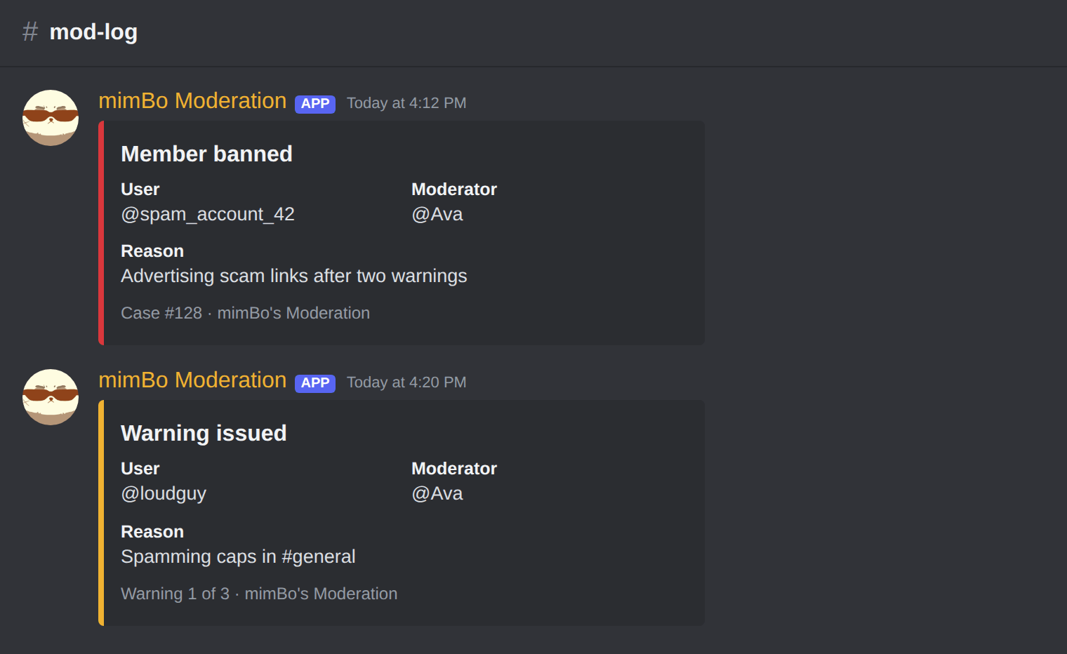 Moderation log entries in Discord