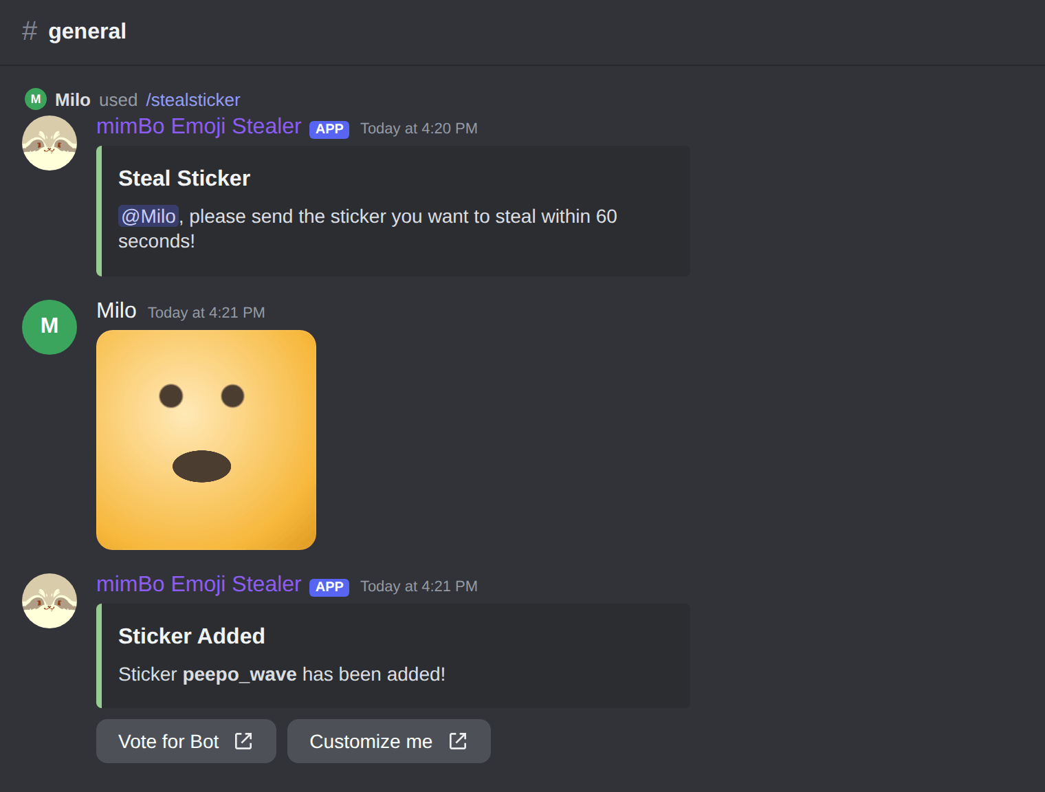 Stealing a sticker in Discord with /stealsticker