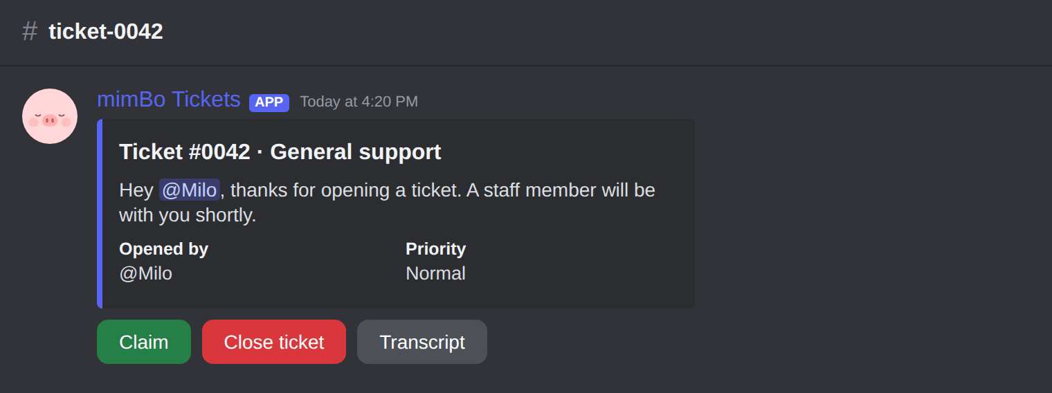 An open support ticket channel with Close Ticket and Priority buttons