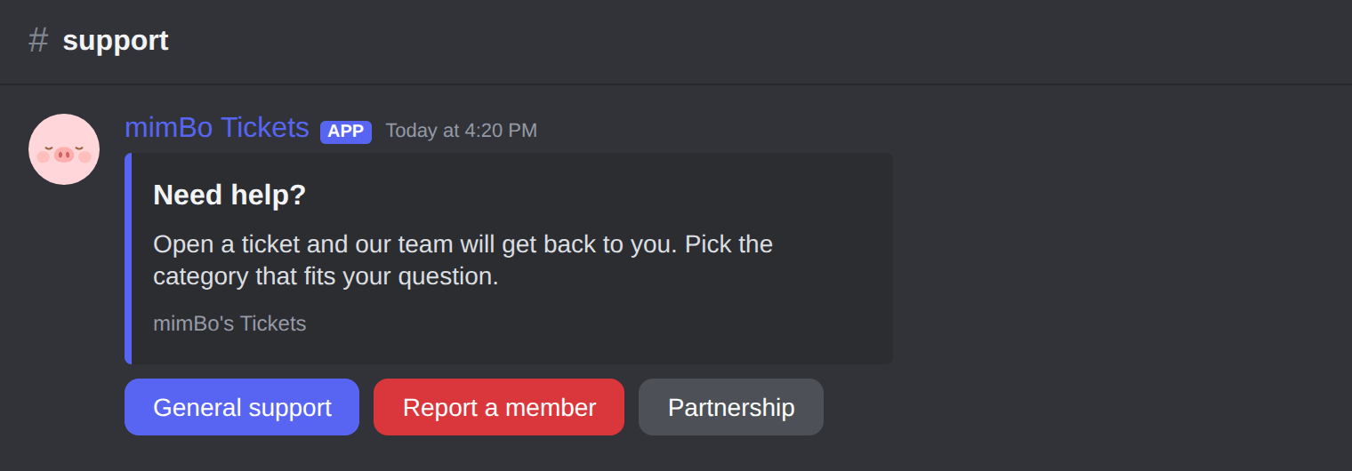 Support ticket panel with Create Ticket button in Discord