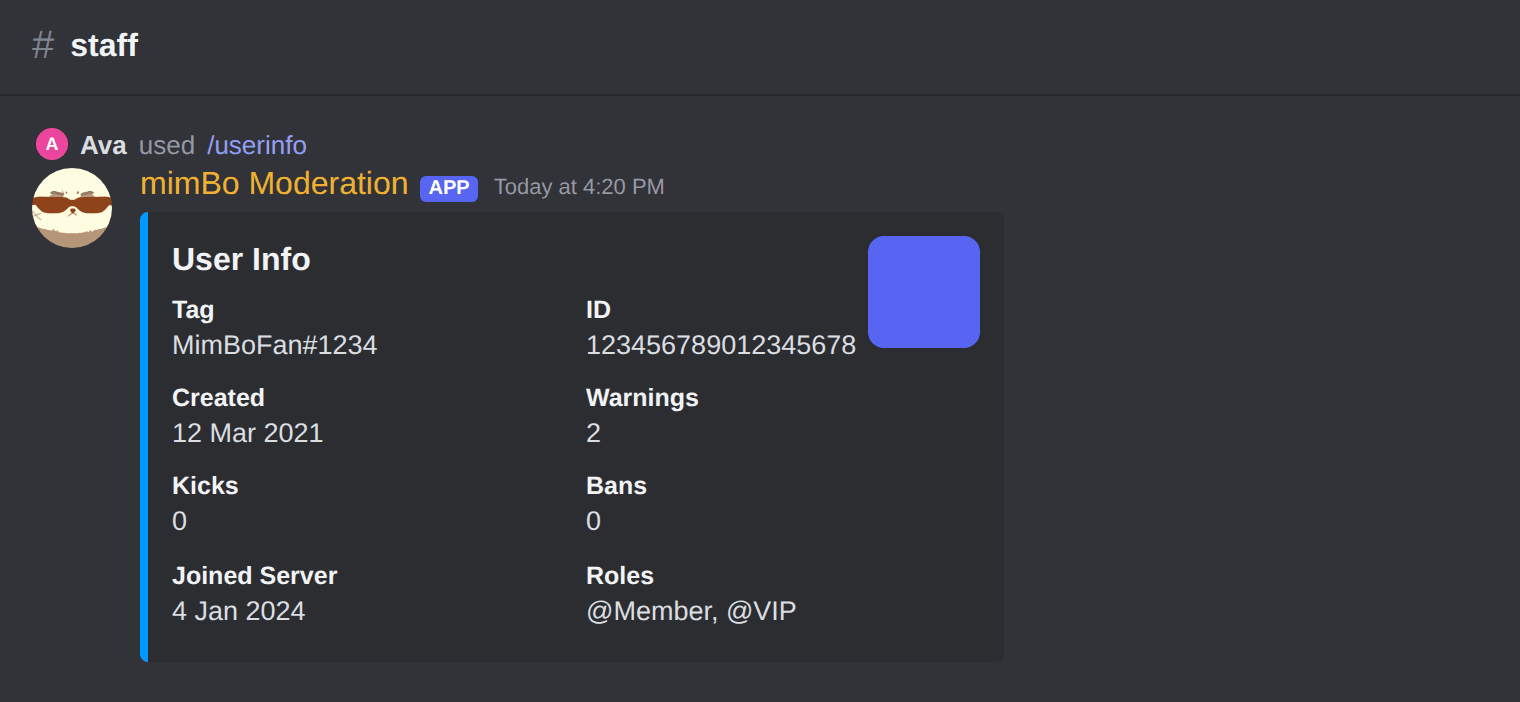 The /userinfo embed in Discord