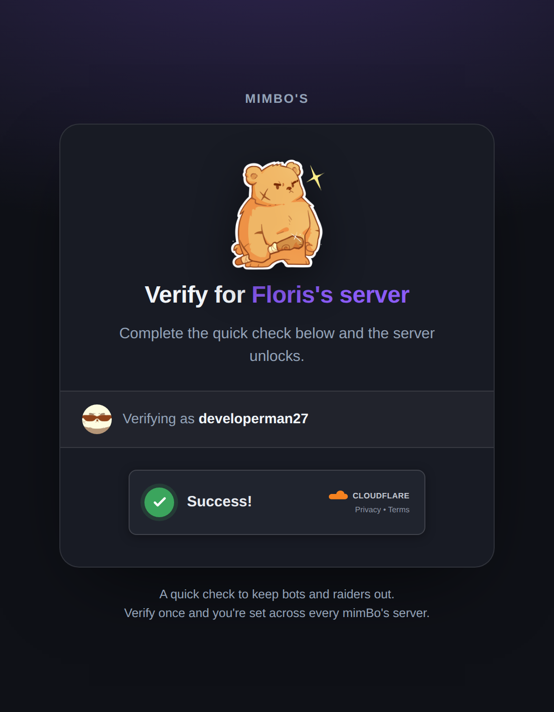 The mimBo's verify page with a Cloudflare check