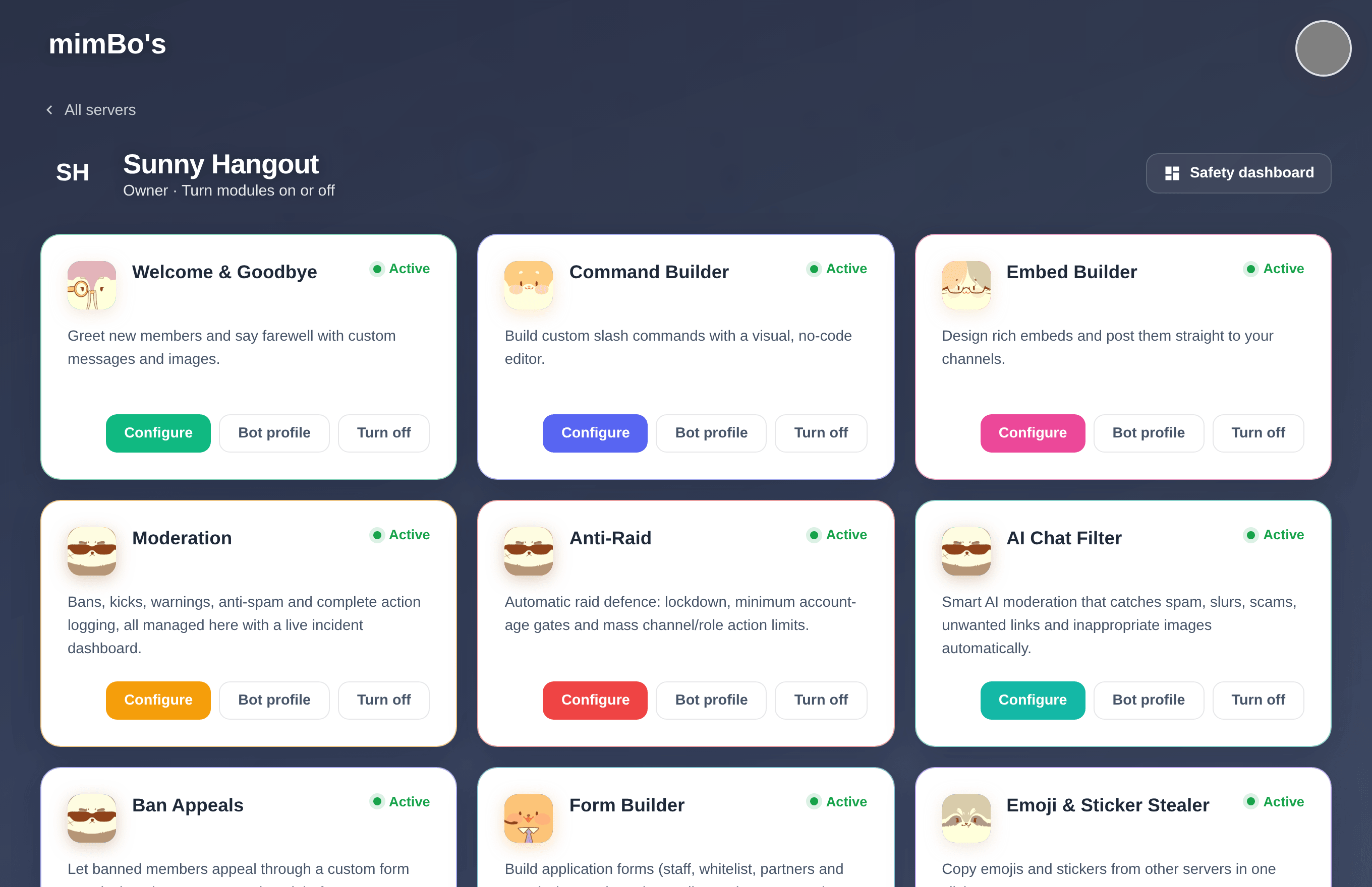 mimBo's module dashboard with activation cards