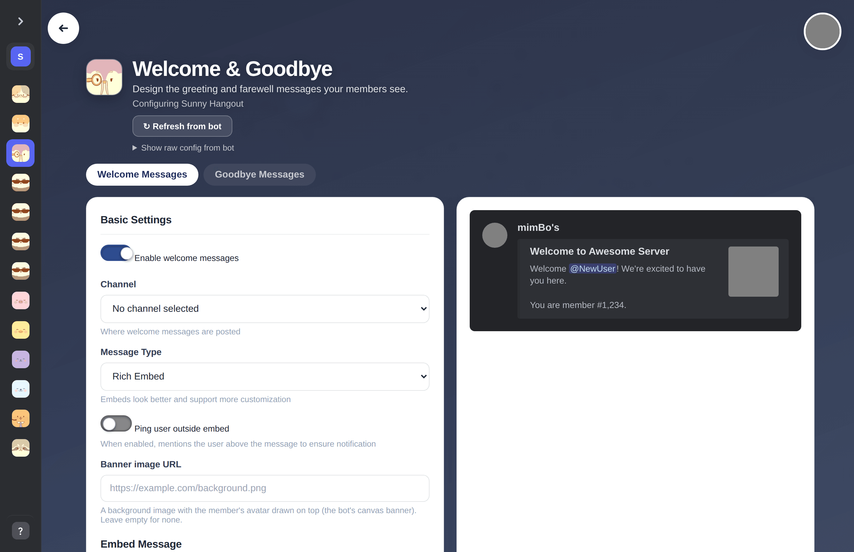 Welcome and goodbye configuration in the mimBo portal
